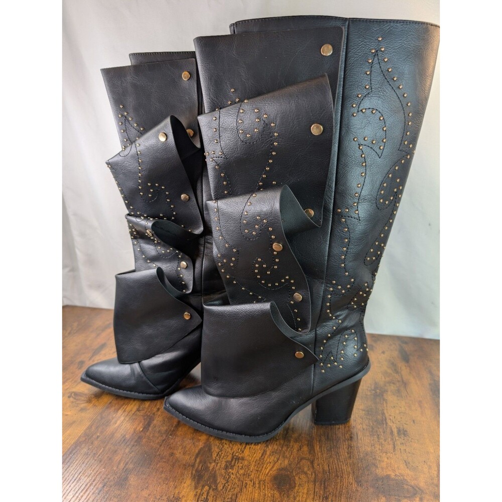 Fashion Nova Armor Studded Knee High Western Boots Black Size 8 Delvie